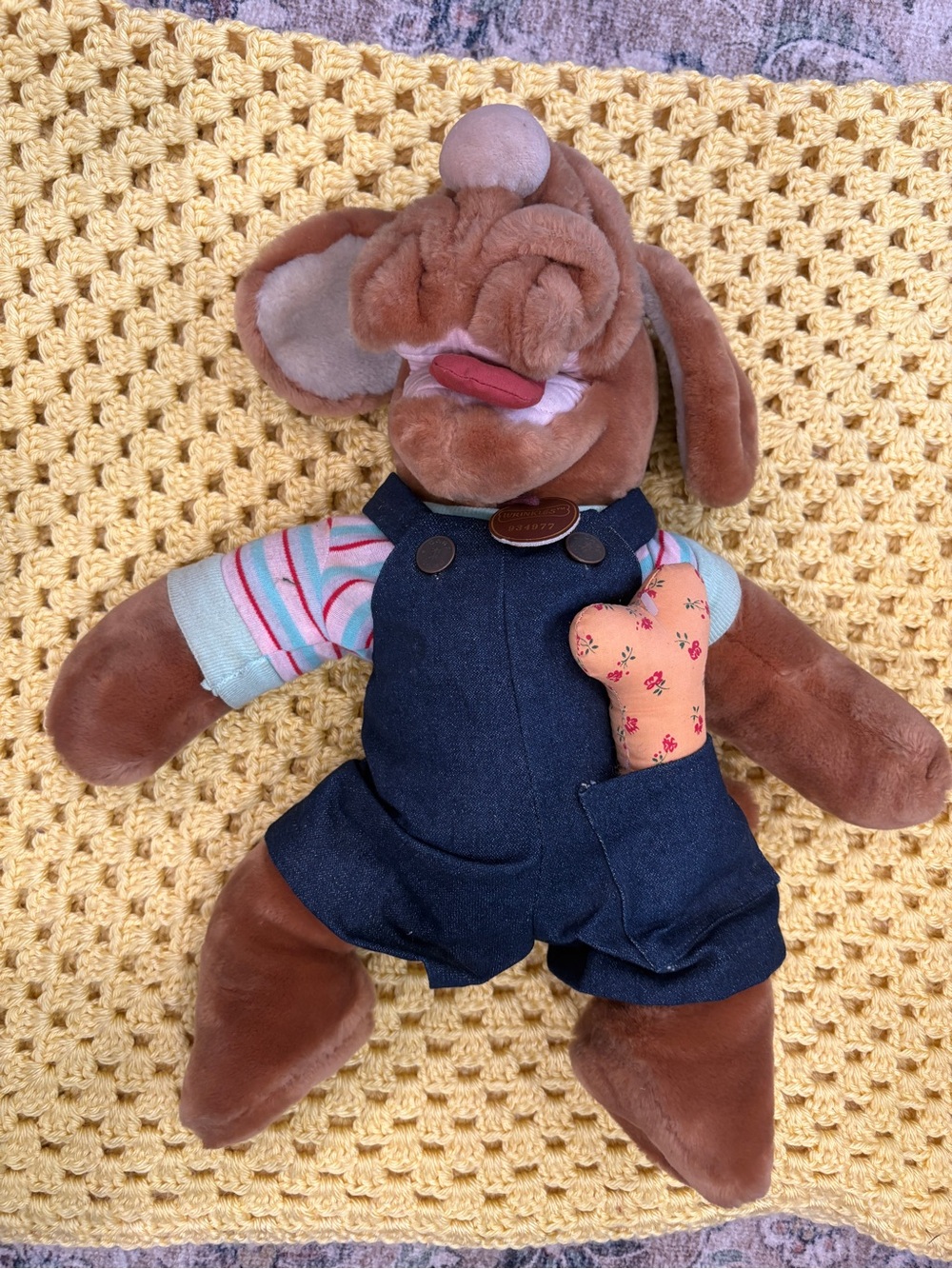 Vintage 1981 Ganz Wrinkles Plush Hand Puppet Brown Boy Dog Overalls & Dog Bone